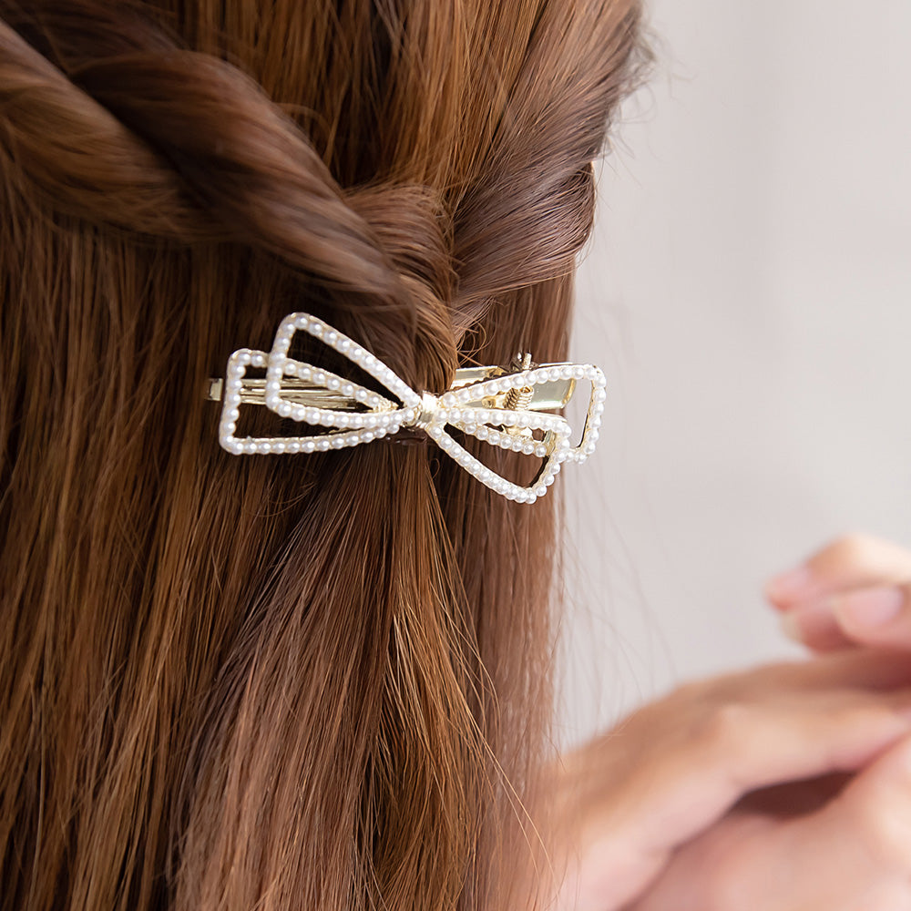 ヘアクリップ ストーン パール リボン