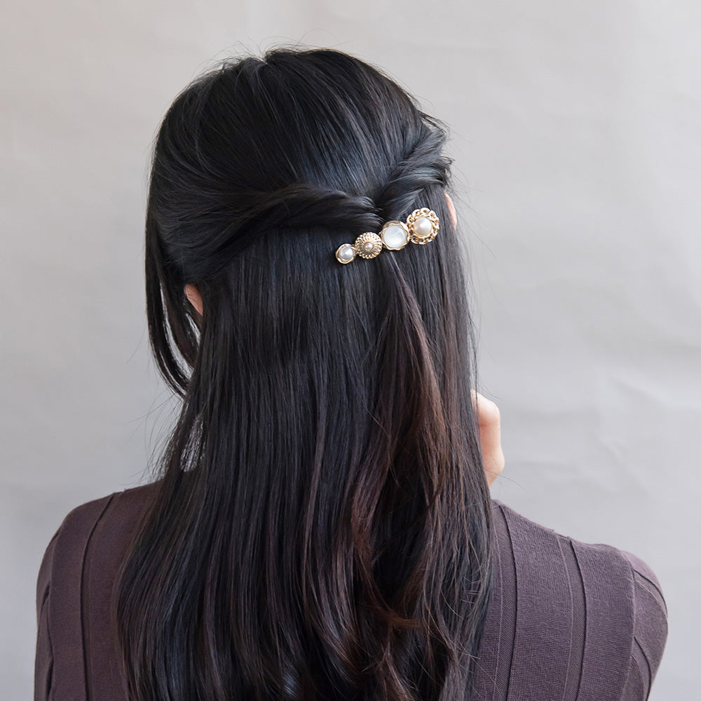 ヘアクリップ パール メタル チェーン ボタン フラワー
