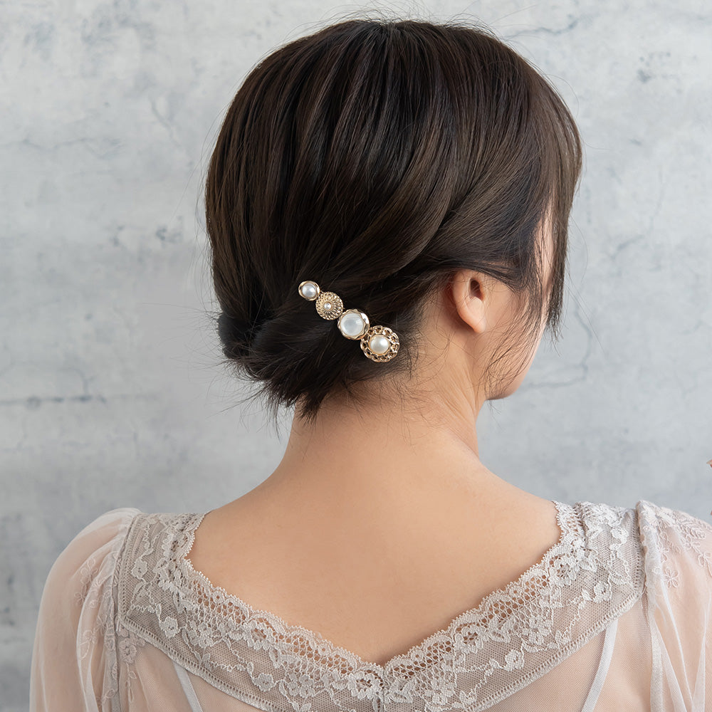 ヘアクリップ パール メタル チェーン ボタン フラワー