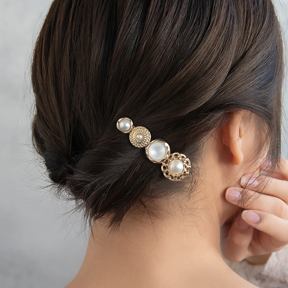 ヘアクリップ パール メタル チェーン ボタン フラワー