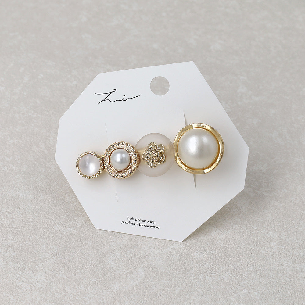 ヘアクリップ パール メタル ウェーブ ボタン フラワー