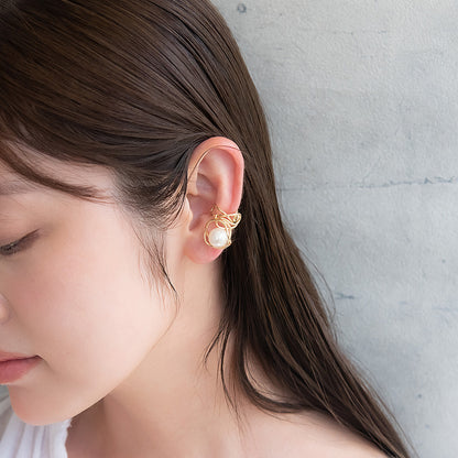 イヤーカフ ニッケルフリー メタル クロス ウェーブ ライン リング パール イヤリング 【左耳用】