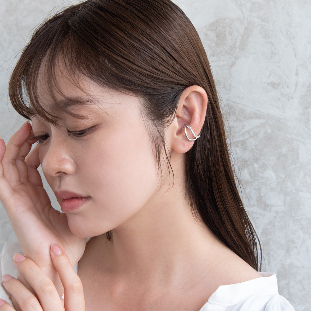 イヤーカフ ニッケルフリー メタル キュービックジルコニア ウェーブ ダブル ライン イヤリング 【左耳用】