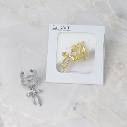 イヤーカフ ニッケルフリー メタル キュービックジルコニア リボン 下がり イヤリング 【左耳用】