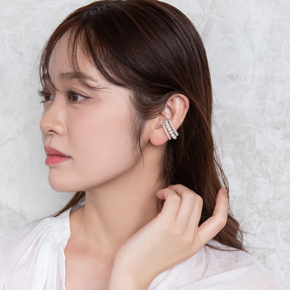 イヤーカフ ニッケルフリー パール トリプル ライン イヤリング 【片耳用】