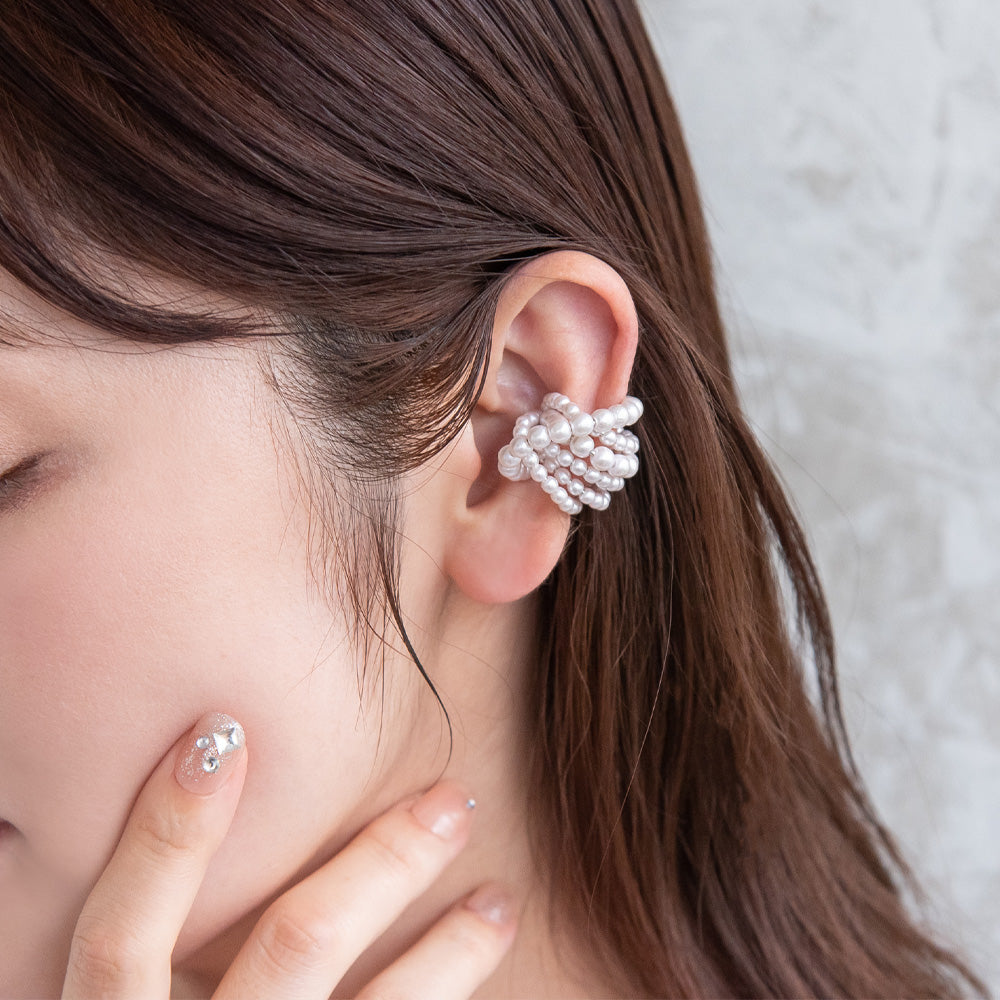 イヤーカフ ニッケルフリー パール ワイド クロスライン イヤリング 【片耳用】