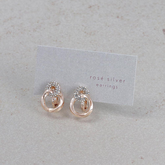 イヤリング ニッケルフリー ロゼシルバー メタル クロス リング ミニ パヴェ ストーン ツイスト ネジバネ式イヤリング