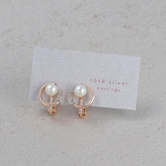 イヤリング ニッケルフリー ロゼシルバー メタル サークル ライン ミニ ストーン パール ネジバネ式イヤリング