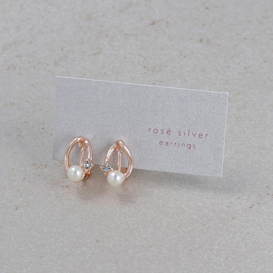 イヤリング ニッケルフリー ロゼシルバー メタル ドロップ ライン フレーム ストーン パール ネジバネ式イヤリング