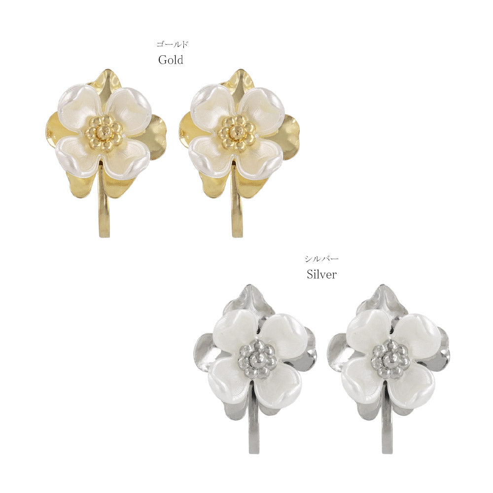 イヤリング ニッケルフリー メタル フラワー 花 重ね ネジバネ式イヤリング