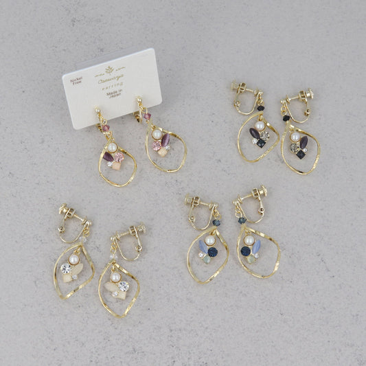 イヤリング ニッケルフリー メタル 立体フレーム ドロップ ツイスト ミニ パール マルチ ストーン カラー ネジバネ式イヤリング