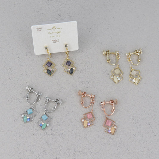 イヤリング ニッケルフリー メタル フレーム ダブル ロンバス ミニ パール マルチ ストーン カラー ネジバネ式イヤリング