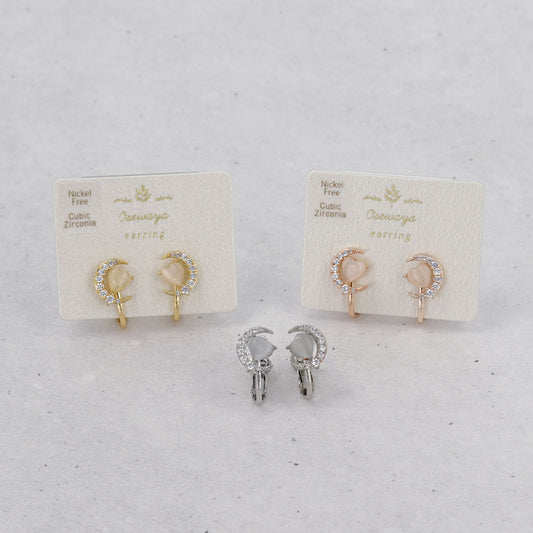 イヤリング ニッケルフリー メタル ハート 三日月 クレセントムーン キュービックジルコニア 合成キャッツアイ ネジバネ式イヤリング