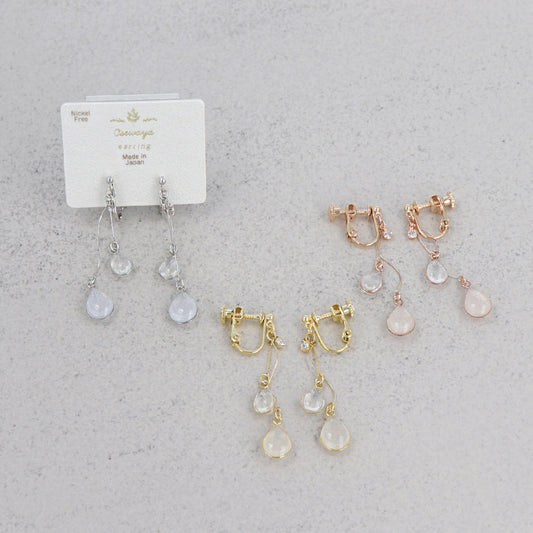 イヤリング ニッケルフリー メタル ストーン ワイヤー ウェーブ ライン ダブル ドロップ クリア カラー ネジバネ式イヤリング