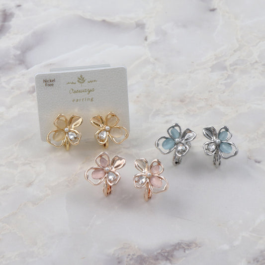 イヤリング ニッケルフリー メタル 透かし フラワー 合成キャッツアイ ストーン パール ネジバネ式イヤリング