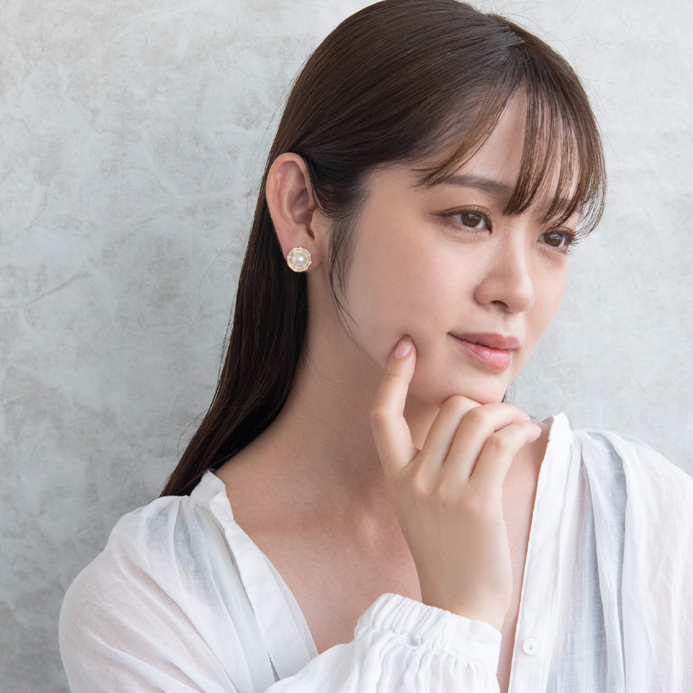 イヤリング ニッケルフリー メタル キュービックジルコニア 淡水パール サークル シリコンカバー付き クリップイヤリング