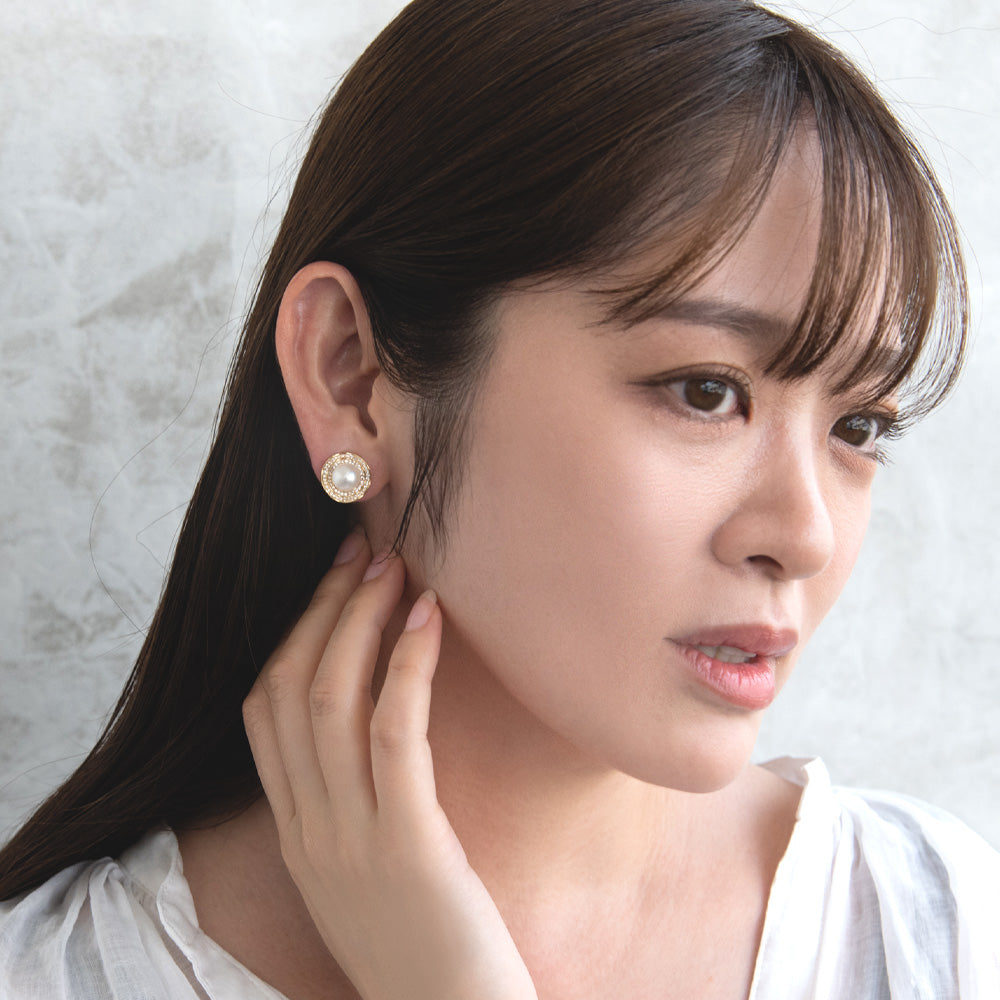 イヤリング ニッケルフリー メタル キュービックジルコニア 淡水パール サークル シリコンカバー付き クリップイヤリング