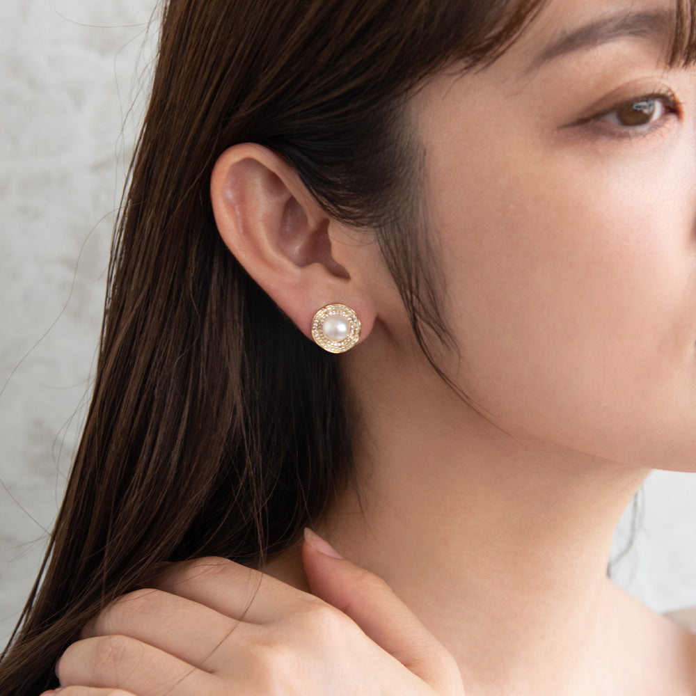 イヤリング ニッケルフリー メタル キュービックジルコニア 淡水パール サークル シリコンカバー付き クリップイヤリング