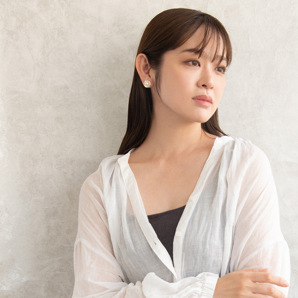 イヤリング ニッケルフリー メタル キュービックジルコニア 淡水パール サークル シリコンカバー付き クリップイヤリング