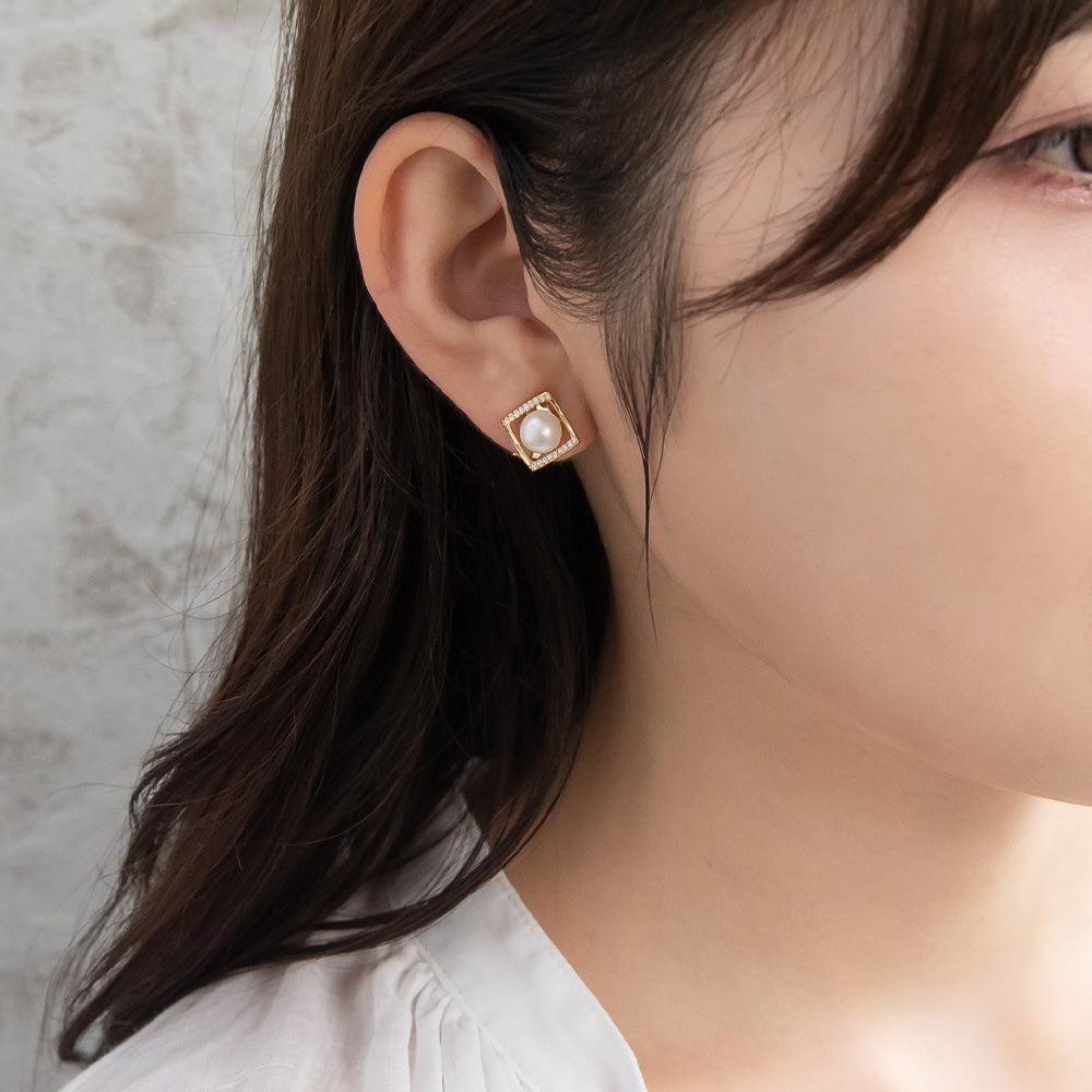 イヤリング ニッケルフリー メタル キュービックジルコニア 淡水パール ロンバス シリコンカバー付き クリップイヤリング