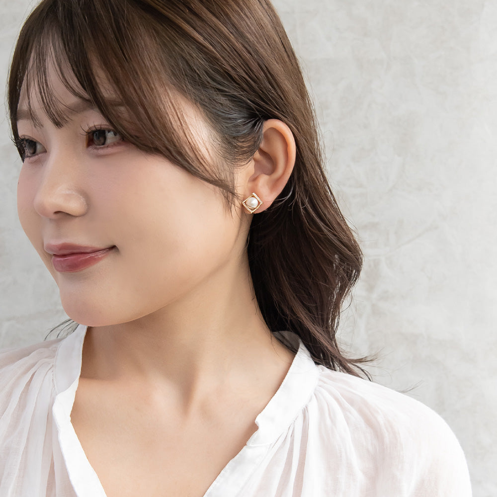 イヤリング ニッケルフリー メタル キュービックジルコニア 淡水パール ロンバス シリコンカバー付き クリップイヤリング