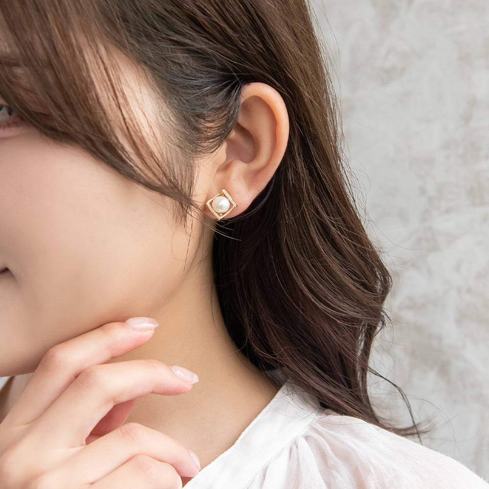 イヤリング ニッケルフリー メタル キュービックジルコニア 淡水パール ロンバス シリコンカバー付き クリップイヤリング