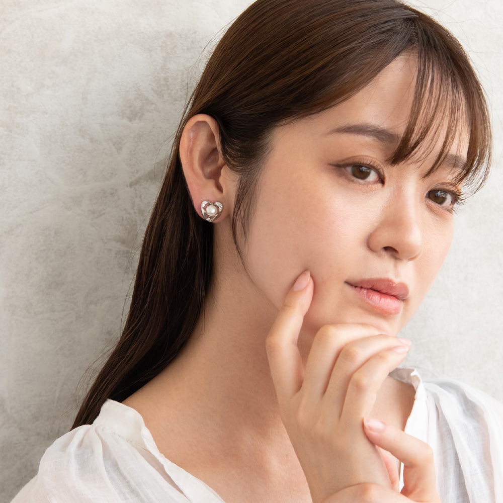 イヤリング ニッケルフリー メタル キュービックジルコニア 淡水パール ハート シリコンカバー付き クリップイヤリング