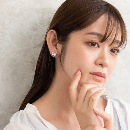 イヤリング ニッケルフリー メタル キュービックジルコニア 淡水パール ハート シリコンカバー付き クリップイヤリング