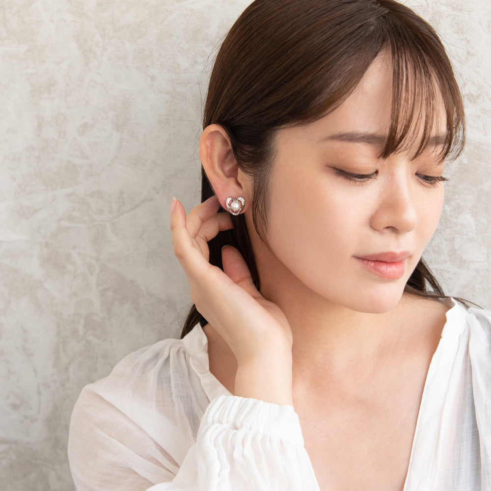 イヤリング ニッケルフリー メタル キュービックジルコニア 淡水パール ハート シリコンカバー付き クリップイヤリング