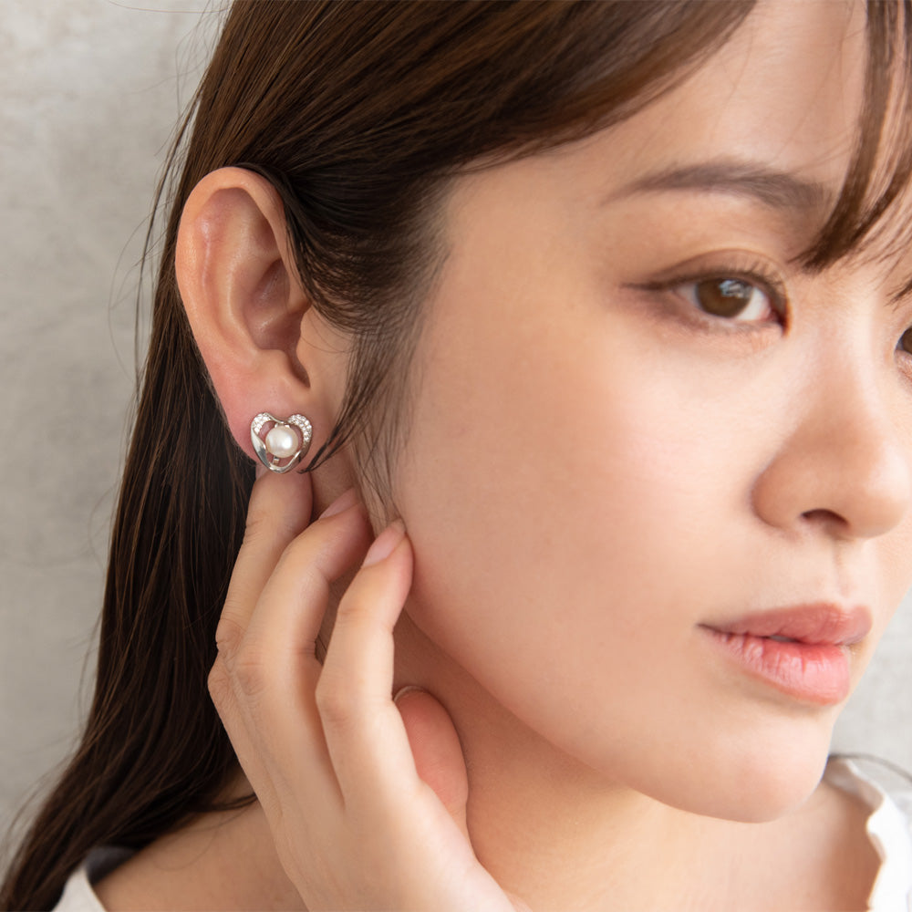 イヤリング ニッケルフリー メタル キュービックジルコニア 淡水パール ハート シリコンカバー付き クリップイヤリング