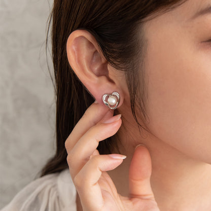 イヤリング ニッケルフリー メタル キュービックジルコニア 淡水パール ハート シリコンカバー付き クリップイヤリング