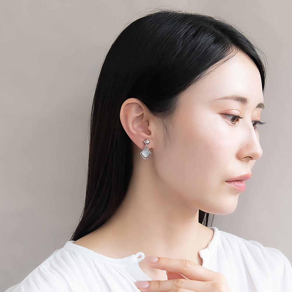 イヤリング ニッケルフリー メタル 合成キャッツアイ スクエア ネジバネ式イヤリング