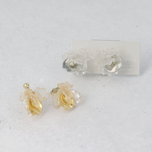 Classy イヤリング ニッケルフリー メタル ワイヤー フラワー ビッグ 半透明 ネジバネ式イヤリング