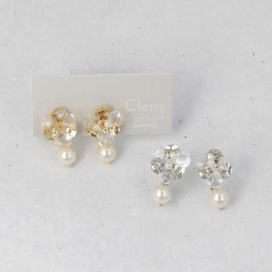 Classy イヤリング ニッケルフリー メタル ワイヤー フラワー 半透明 パール ビーズ ネジバネ式イヤリング