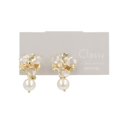 Classy イヤリング ニッケルフリー メタル ワイヤー フラワー 半透明 パール ビーズ ネジバネ式イヤリング