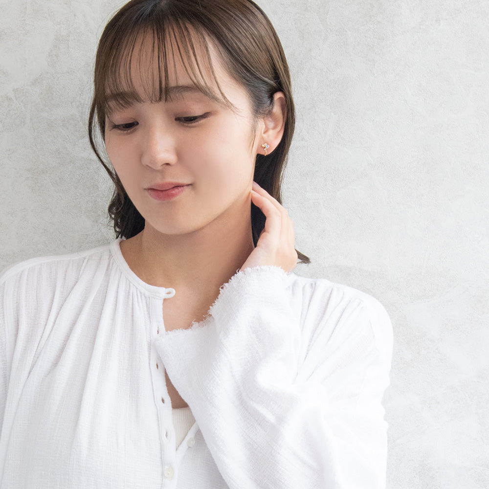 イヤリング ニッケルフリー メタル ミニ カラーストーン パール ランダム ネジバネ式イヤリング