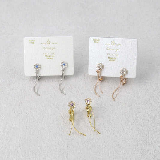 イヤリング ニッケルフリー メタル ワイヤー カーブライン ミニ フラワー カラーストーン パール ネジバネ式イヤリング