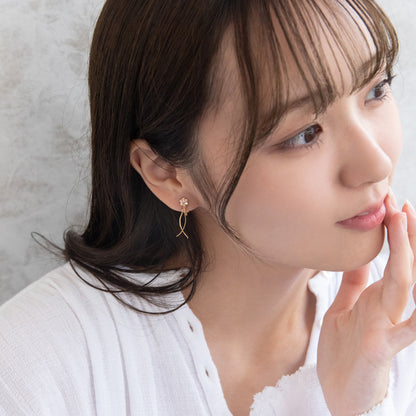 イヤリング ニッケルフリー メタル ワイヤー カーブライン ミニ フラワー カラーストーン パール ネジバネ式イヤリング