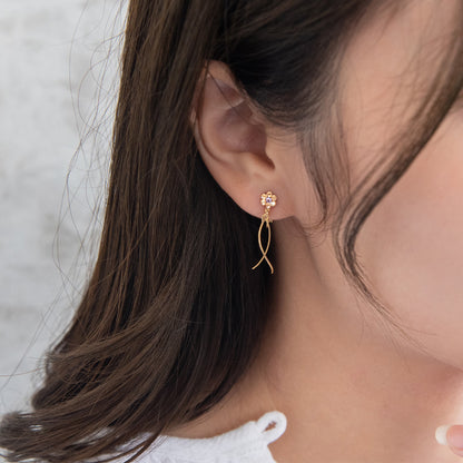 イヤリング ニッケルフリー メタル ワイヤー カーブライン ミニ フラワー カラーストーン パール ネジバネ式イヤリング