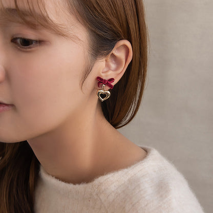 イヤリング  ニッケルフリー リボン ハート ベロア ネジバネ式イヤリング