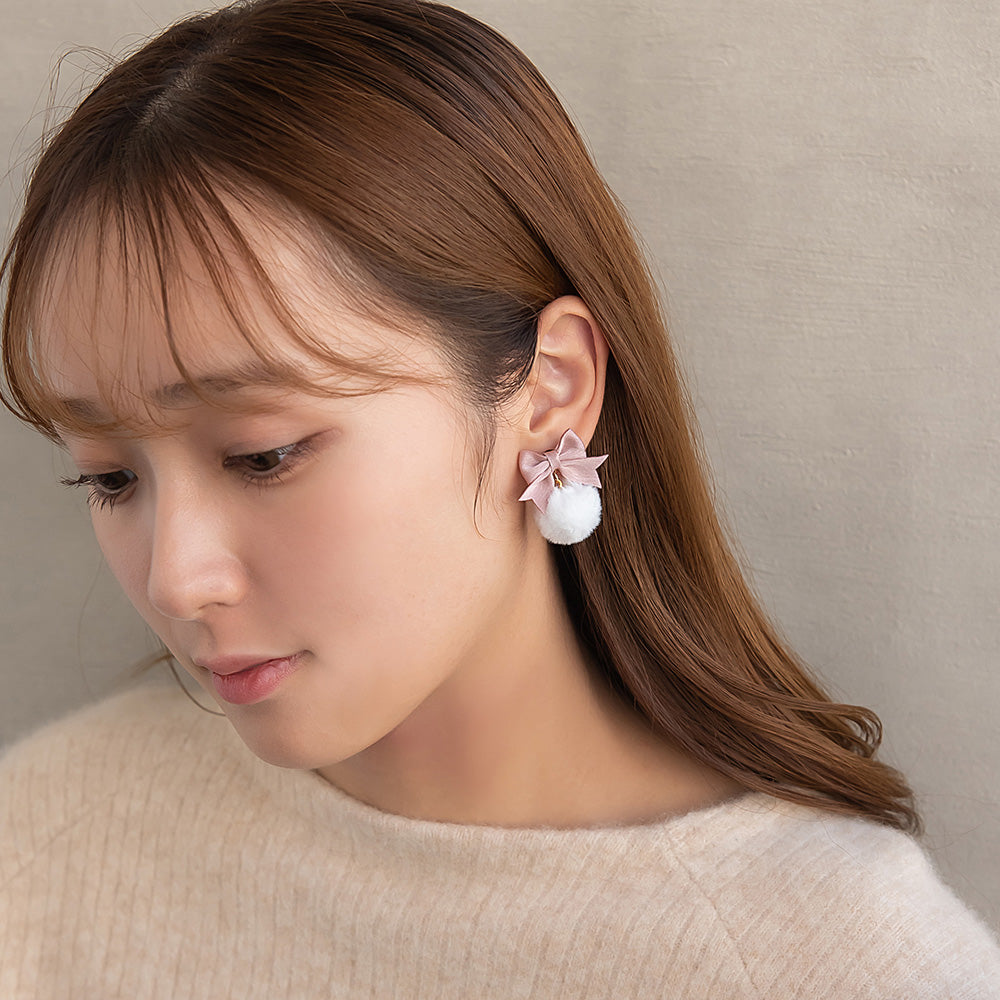 イヤリング  ニッケルフリー ファー リボン ネジバネ式イヤリング