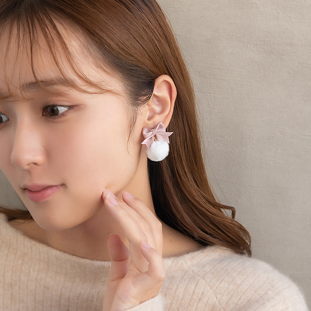 イヤリング  ニッケルフリー ファー リボン ネジバネ式イヤリング