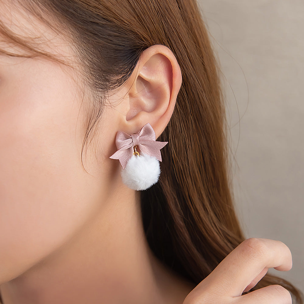 イヤリング  ニッケルフリー ファー リボン ネジバネ式イヤリング