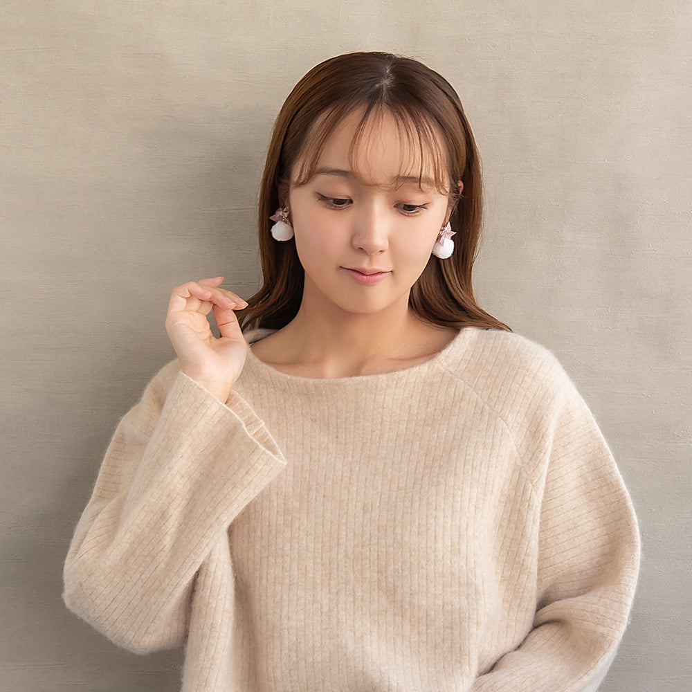 イヤリング  ニッケルフリー ファー リボン ネジバネ式イヤリング