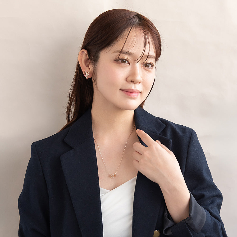 イヤリング ニッケルフリー ロゼシルバー リボン ネジバネ式イヤリング