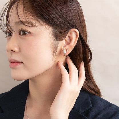 イヤリング ニッケルフリー ロゼシルバー リボン ネジバネ式イヤリング