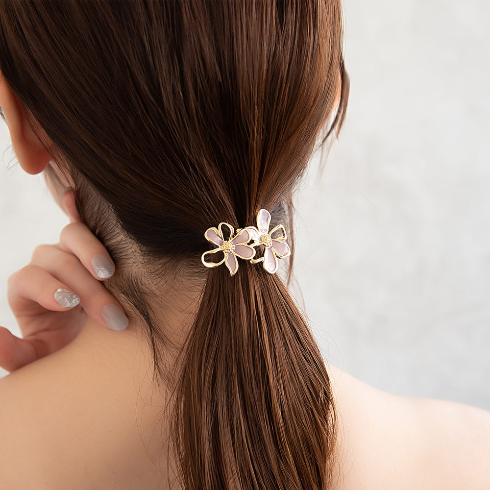ヘアカフ メタル 透かし ダブル フラワー 花 カラー ヘアポニー ポニーフック