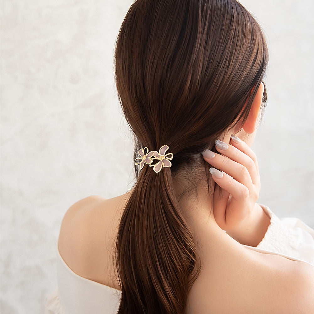 ヘアカフ メタル 透かし ダブル フラワー 花 カラー ヘアポニー ポニーフック