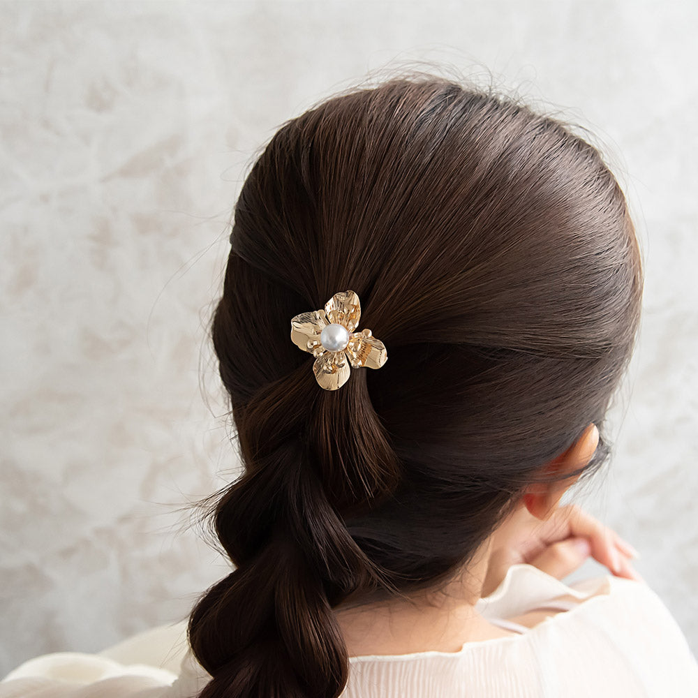 ヘアカフ ヘアゴム メタル パール フラワー 花 2個セット ワイド リングゴム ヘアポニー ポニーフック