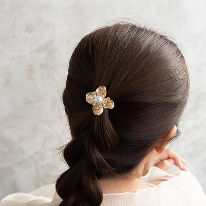 ヘアカフ ヘアゴム メタル パール フラワー 花 2個セット ワイド リングゴム ヘアポニー ポニーフック